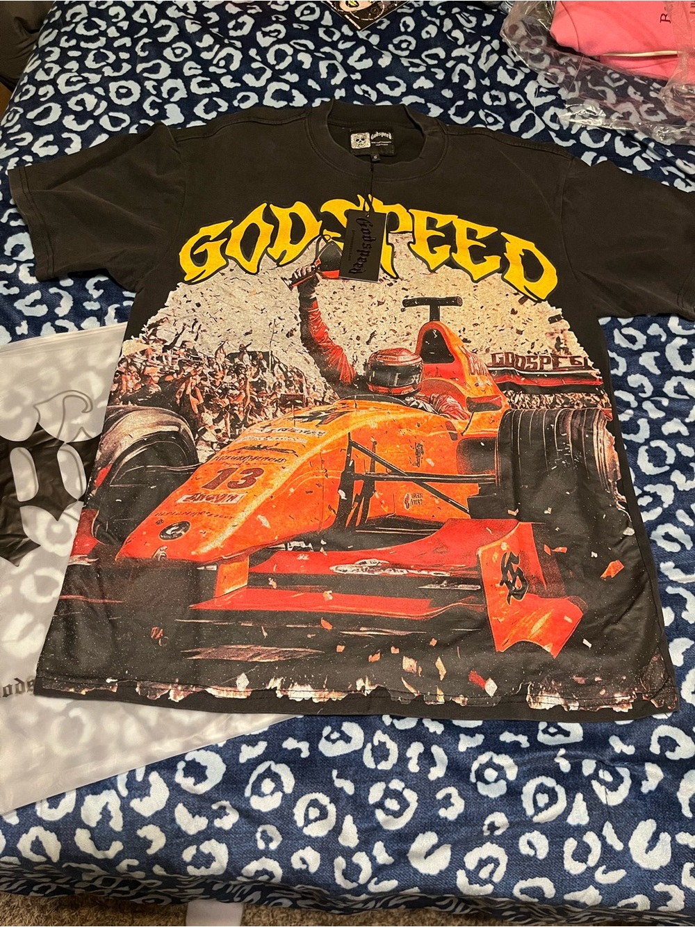 Godspeed Black Tee with Orange Racing Car Graphic